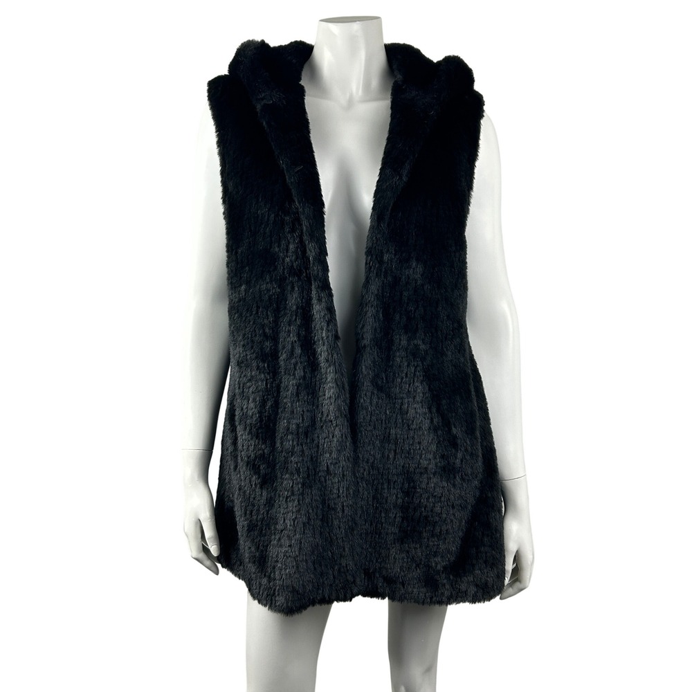 Adrienne Landau Faux Fur Hooded Vest Black Medium